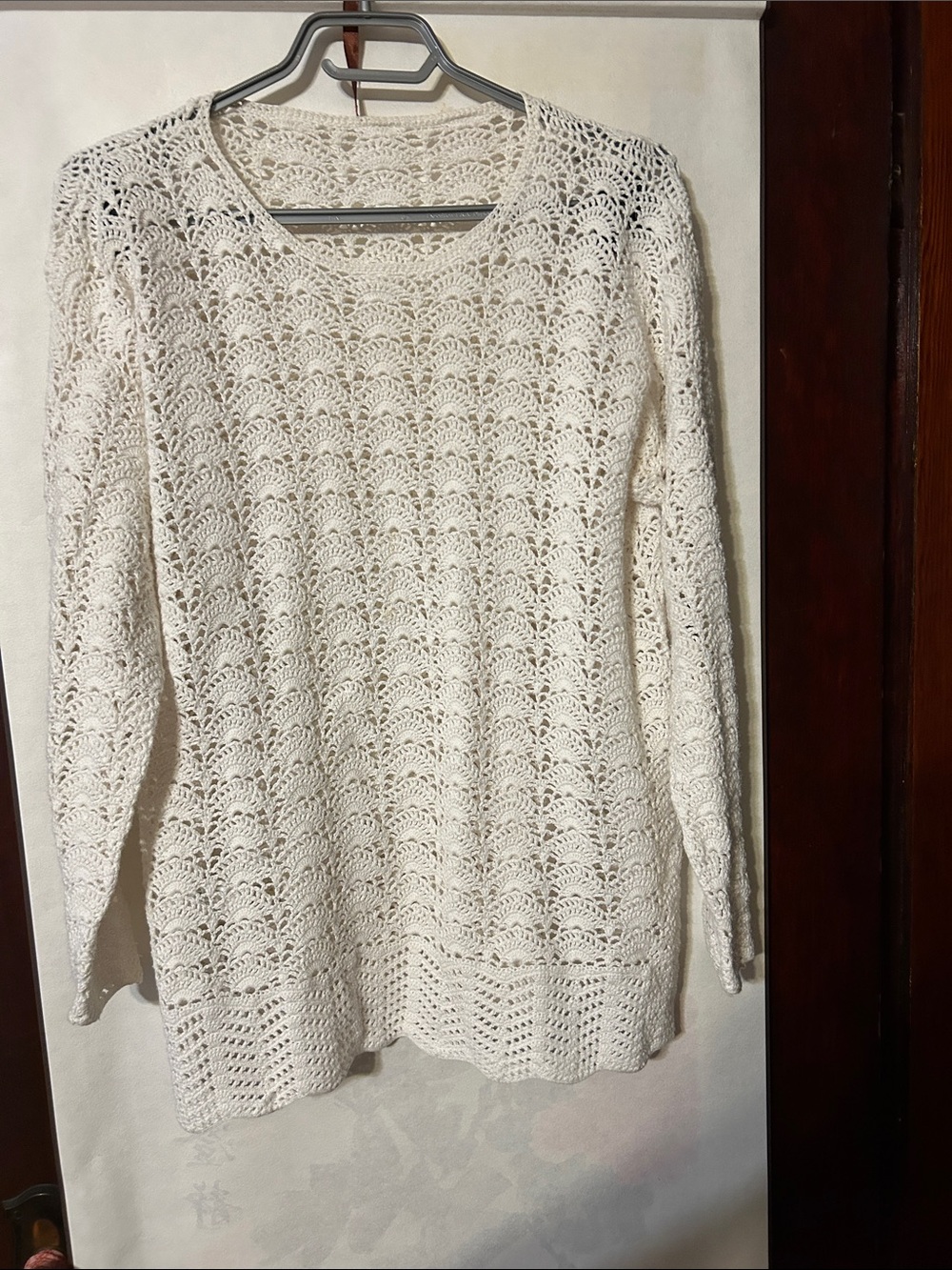 Women's white crochet cotton Long Sleeve Sweater, medium
